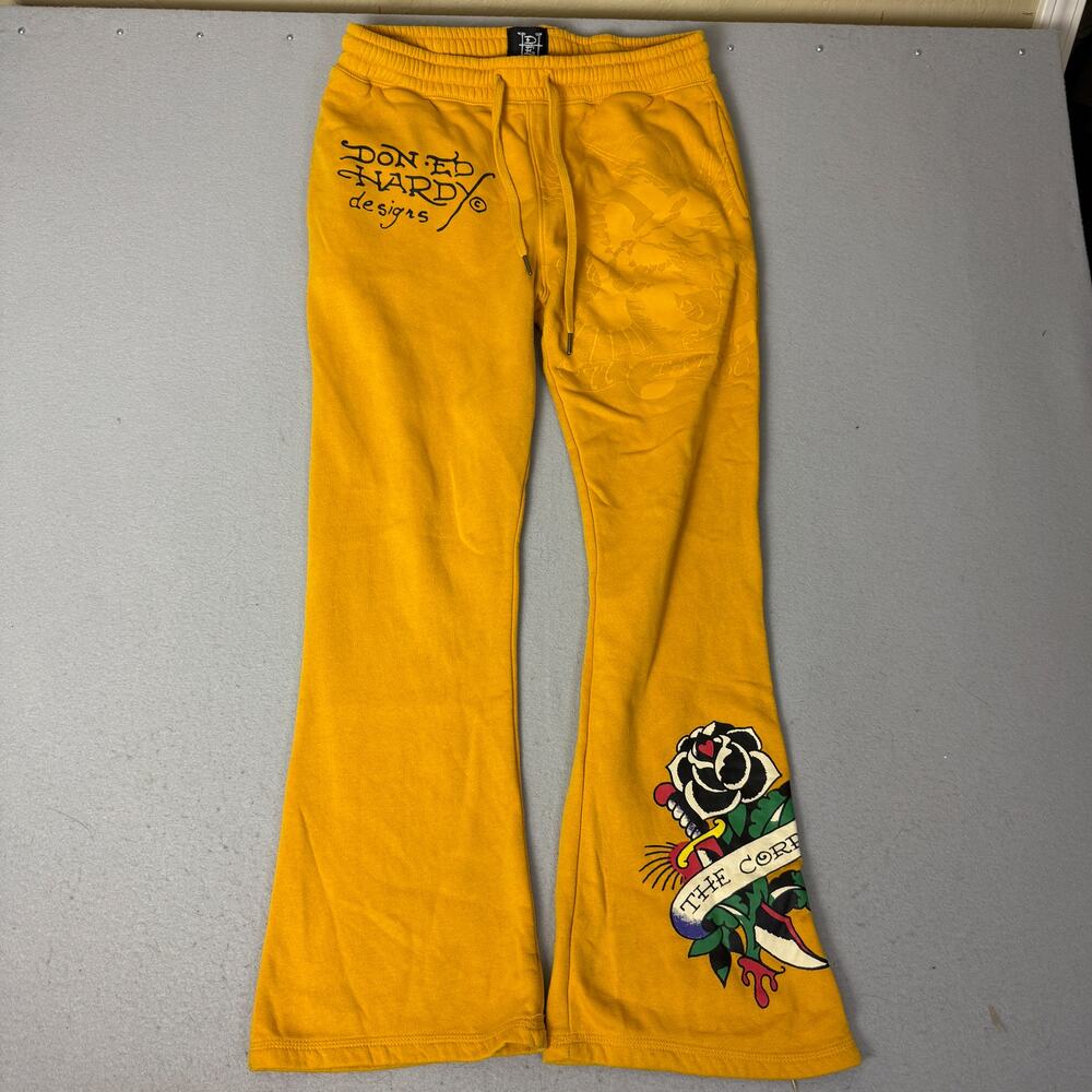 Ed Hardy The Corps Yellow Flare Sweatpants Tattoo Graphic Pants Sz M